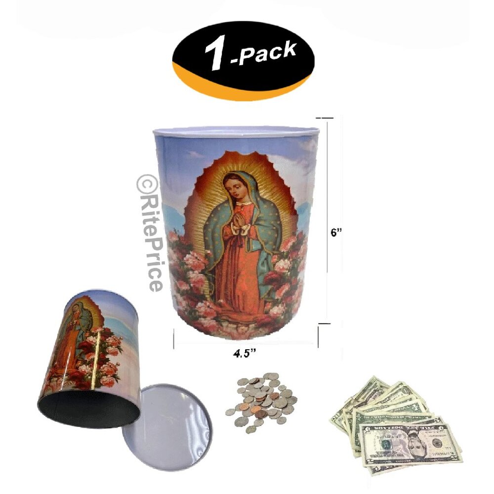 Maria Printed Piggy Bank Religious Guadalupe 6" Tin Money Saver W/ Easy Open Lid